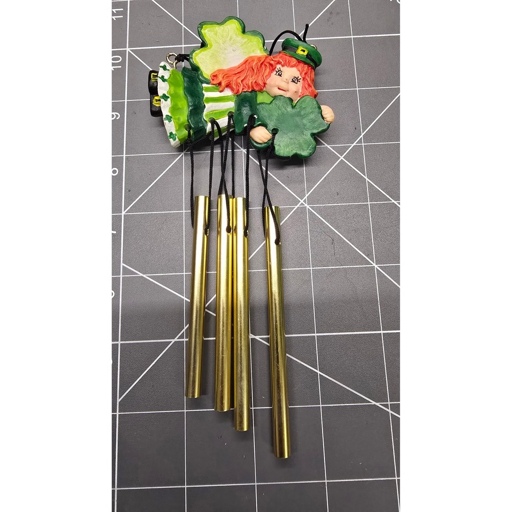 Vintage St Patricks Day Leprechaun Girl Wind Chime Ornament Clover Irish Decor